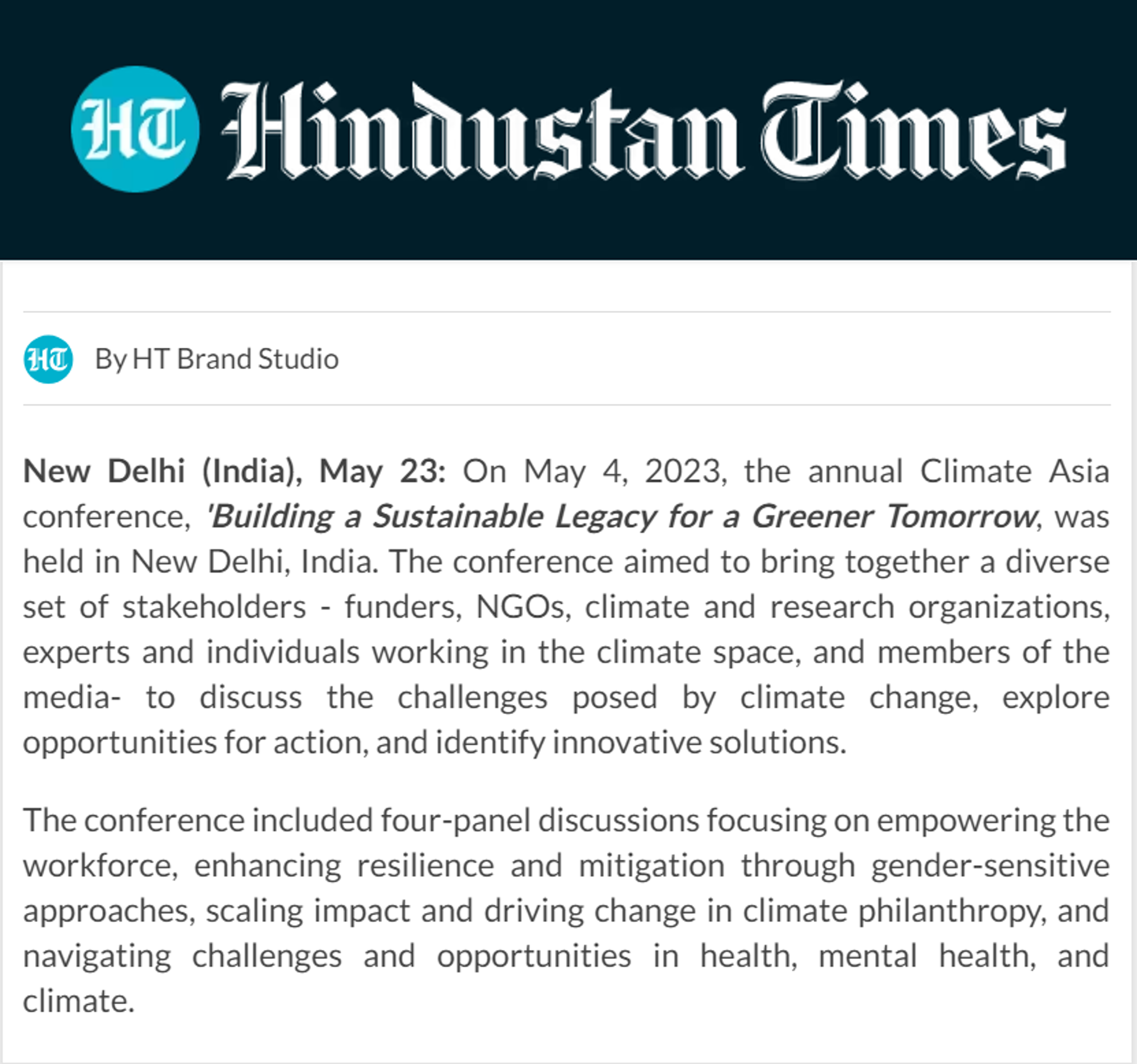 Dr Indu K Murthy mentioned as a speaker at the annual Climate Asia conference by Hindustan Times